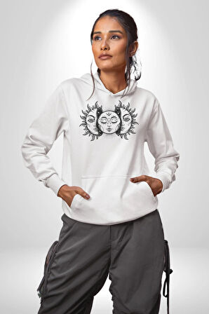 Ay ve Güneş Retro  Kadın Erkek  Beyaz Kapüşonlu Sweatshirt Hoodie