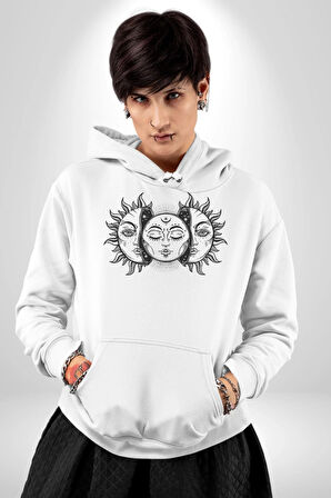 Ay ve Güneş Retro  Kadın Erkek  Beyaz Kapüşonlu Sweatshirt Hoodie