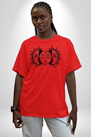 Ay ve Güneş Retro  Pamuklu Bisiklet Yaka Kadın Erkek Oversize Boyfriend Dijital Baskılı Kırmızı T-Shirt