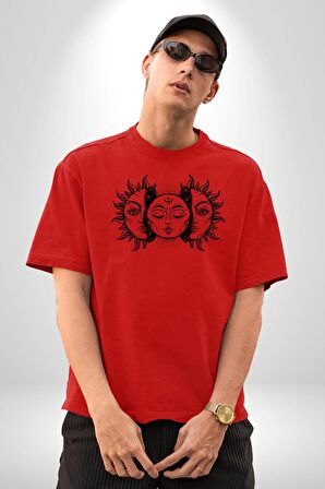 Ay ve Güneş Retro  Pamuklu Bisiklet Yaka Kadın Erkek Oversize Boyfriend Dijital Baskılı Kırmızı T-Shirt