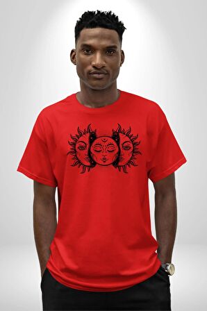 Ay ve Güneş Retro  Pamuklu Bisiklet Yaka Kadın Erkek Oversize Boyfriend Dijital Baskılı Kırmızı T-Shirt