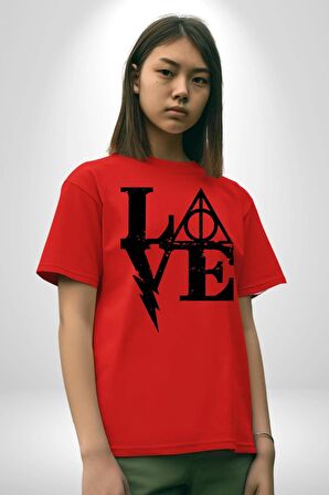 Harry Potter Love  Pamuklu Bisiklet Yaka Kadın Erkek Oversize Boyfriend Dijital Baskılı Kırmızı T-Shirt