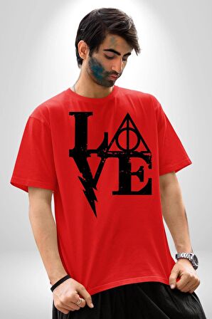 Harry Potter Love  Pamuklu Bisiklet Yaka Kadın Erkek Oversize Boyfriend Dijital Baskılı Kırmızı T-Shirt