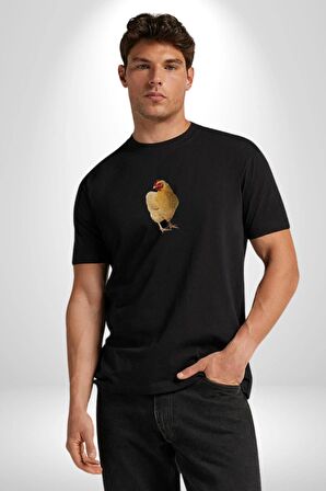 Tavuk Siyah Oversize Kadın Erkek Ön Orta Minimal Baskılı Tişört