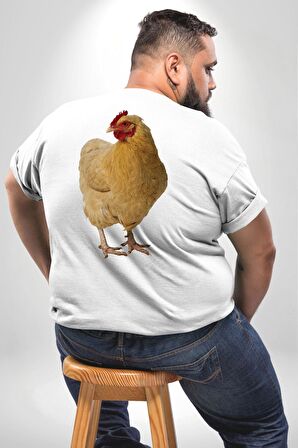 Tavuk Büyük Beden Beyaz Tişört Kadın Erkek Ünisex Sırt Baskılı