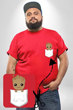 Minik Groot  Kırmızı Büyük Beden Kadın Basic Minimal Baskılı Tişört