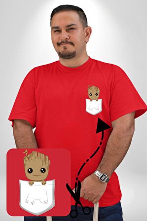 Minik Groot  Kırmızı Büyük Beden Kadın Basic Minimal Baskılı Tişört