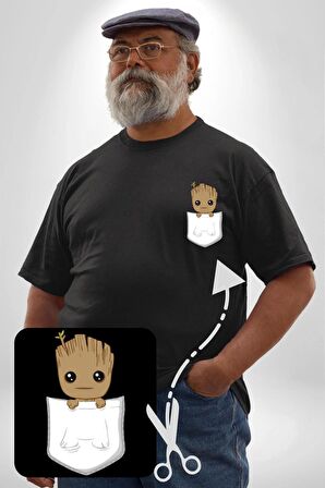 Minik Groot  Siyah Büyük Beden Kadın Basic Minimal Baskılı Tişört