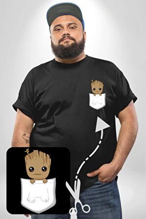 Minik Groot  Siyah Büyük Beden Kadın Basic Minimal Baskılı Tişört