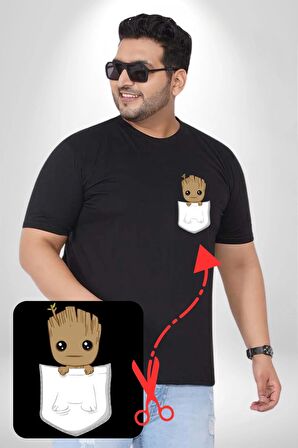 Minik Groot  Siyah Büyük Beden Kadın Basic Minimal Baskılı Tişört