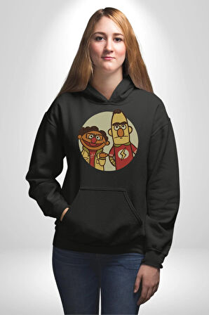 Susam Sokağı Edi İle Büdü Kadın Erkek  Siyah Kapüşonlu Sweatshirt Hoodie