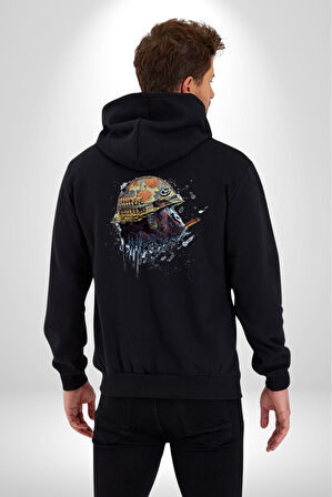 Kasket Miğfer Goril Savaşcı Kadın Erkek Siyah Renk Kapüşonlu Kanguru Cepli  Fermuarlı Pamuklu Oversize Dijital Baskılı Hırka Sweatshirt