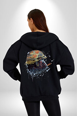 Kasket Miğfer Goril Savaşcı Kadın Erkek Siyah Renk Kapüşonlu Kanguru Cepli  Fermuarlı Pamuklu Oversize Dijital Baskılı Hırka Sweatshirt