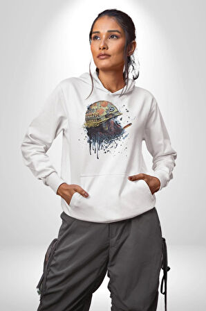 Kasket Miğfer Goril Savaşcı Kadın Erkek  Beyaz Kapüşonlu Sweatshirt Hoodie