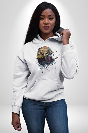 Kasket Miğfer Goril Savaşcı Kadın Erkek  Beyaz Kapüşonlu Sweatshirt Hoodie