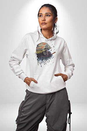 Kasket Miğfer Goril Savaşcı Kadın Erkek  Beyaz Kapüşonlu Sweatshirt Hoodie