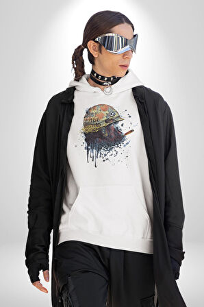 Kasket Miğfer Goril Savaşcı Kadın Erkek  Beyaz Kapüşonlu Sweatshirt Hoodie