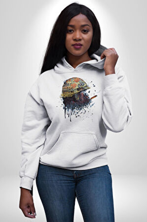 Kasket Miğfer Goril Savaşcı Kadın Erkek  Beyaz Kapüşonlu Sweatshirt Hoodie
