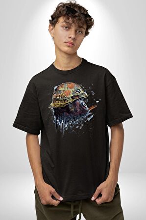 Kasket Miğfer Goril Savaşcı Pamuklu Bisiklet Yaka Kadın Erkek Oversize Boyfriend Dijital Baskılı Siyah T-shirt