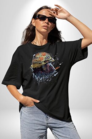Kasket Miğfer Goril Savaşcı Pamuklu Bisiklet Yaka Kadın Erkek Oversize Boyfriend Dijital Baskılı Siyah T-shirt