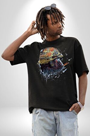 Kasket Miğfer Goril Savaşcı Pamuklu Bisiklet Yaka Kadın Erkek Oversize Boyfriend Dijital Baskılı Siyah T-shirt