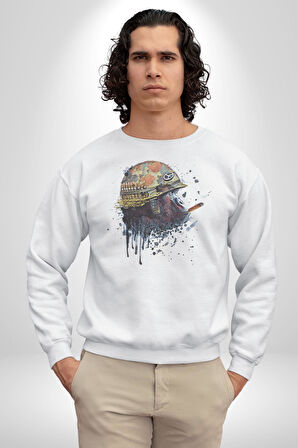 Kasket Miğfer Goril Savaşcı Kadın Erkek  Beyaz Baskılı Sweatshirt 