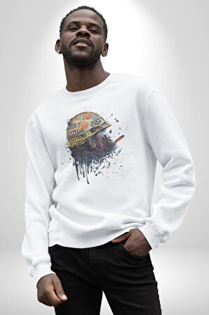 Kasket Miğfer Goril Savaşcı Kadın Erkek  Beyaz Baskılı Sweatshirt 