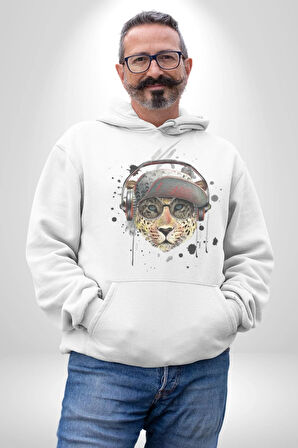 Pop Art Kaplan Müzik Kulaklık Güneş Gözlüğü Kadın Erkek  Beyaz Kapüşonlu Sweatshirt Hoodie