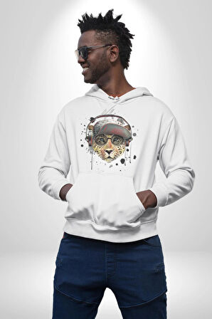Pop Art Kaplan Müzik Kulaklık Güneş Gözlüğü Kadın Erkek  Beyaz Kapüşonlu Sweatshirt Hoodie