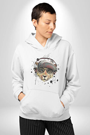 Pop Art Kaplan Müzik Kulaklık Güneş Gözlüğü Kadın Erkek  Beyaz Kapüşonlu Sweatshirt Hoodie