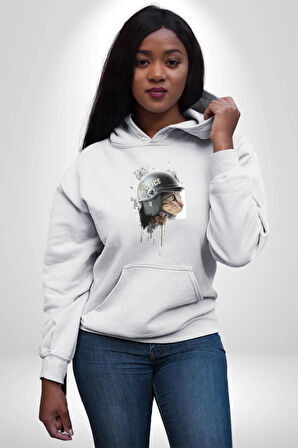Kaket Polis Kedi  Kadın Erkek  Beyaz Kapüşonlu Sweatshirt Hoodie