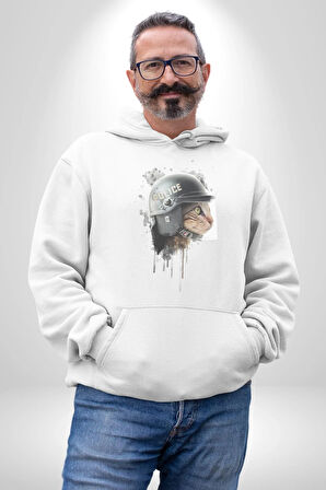 Kaket Polis Kedi  Kadın Erkek  Beyaz Kapüşonlu Sweatshirt Hoodie