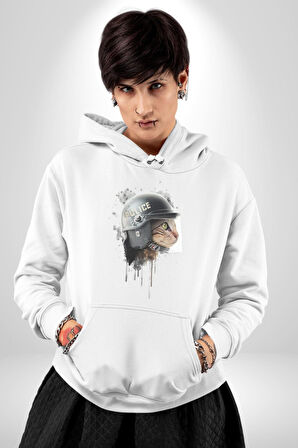 Kaket Polis Kedi  Kadın Erkek  Beyaz Kapüşonlu Sweatshirt Hoodie