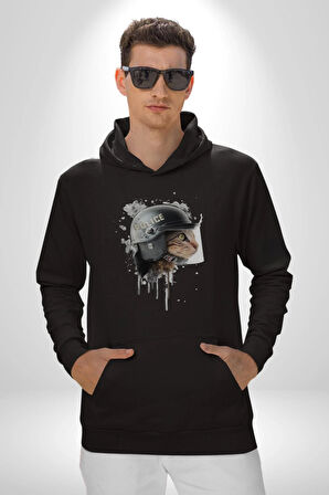 Kaket Polis Kedi  Kadın Erkek  Siyah Kapüşonlu Sweatshirt Hoodie