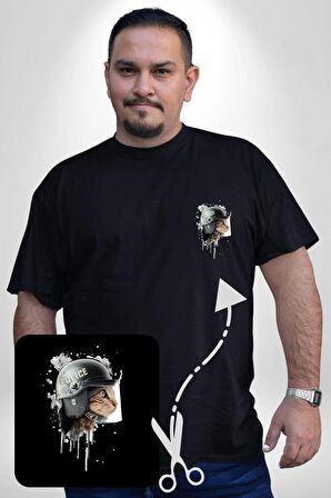 Kaket Polis Kedi  Siyah Büyük Beden Kadın Basic Minimal Baskılı Tişört