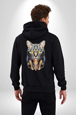 Kulaklık Kedi  Kadın Erkek Siyah Renk Kapüşonlu Kanguru Cepli  Fermuarlı Pamuklu Oversize Dijital Baskılı Hırka Sweatshirt