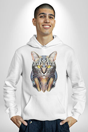 Kulaklık Kedi  Kadın Erkek  Beyaz Kapüşonlu Sweatshirt Hoodie