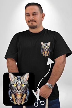 Kulaklık Kedi  Siyah Büyük Beden Kadın Basic Minimal Baskılı Tişört