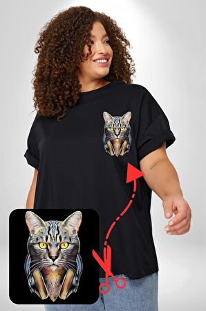 Kulaklık Kedi  Siyah Büyük Beden Kadın Basic Minimal Baskılı Tişört
