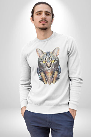 Kulaklık Kedi  Kadın Erkek  Beyaz Baskılı Sweatshirt 