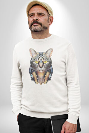 Kulaklık Kedi  Kadın Erkek  Beyaz Baskılı Sweatshirt 