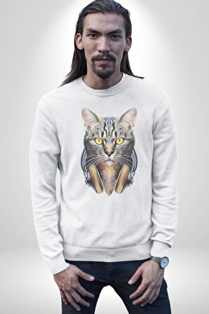 Kulaklık Kedi  Kadın Erkek  Beyaz Baskılı Sweatshirt 