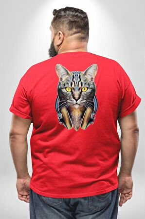 Kulaklık Kedi  Büyük Beden Kırmızı Tişört Kadın Erkek Ünisex Sırt Baskılı