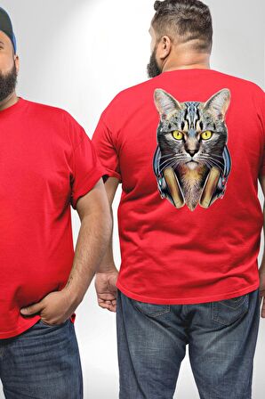 Kulaklık Kedi  Büyük Beden Kırmızı Tişört Kadın Erkek Ünisex Sırt Baskılı
