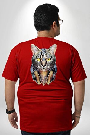 Kulaklık Kedi  Büyük Beden Kırmızı Tişört Kadın Erkek Ünisex Sırt Baskılı