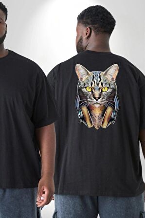 Kulaklık Kedi  Büyük Beden Siyah Tişört Kadın Erkek Ünisex Sırt Baskılı