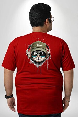 Havalı Pilot Şapkalı Müzik Dinleyen Kedi Büyük Beden Kırmızı Tişört Kadın Erkek Ünisex Sırt Baskılı