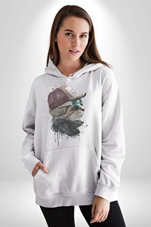 Pilot Çeketli Deri Şapkalı Cool Kedi Kadın Erkek  Beyaz Kapüşonlu Sweatshirt Hoodie