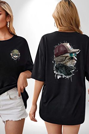 Pilot Çeketli Deri Şapkalı Cool Kedi Siyah Oversize Kadın Erkek Ön ve Sırt Baskılı Tişört