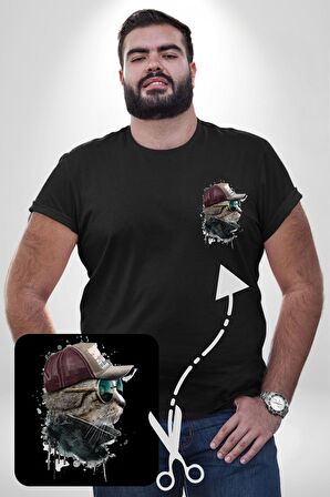 Pilot Çeketli Deri Şapkalı Cool Kedi Siyah Büyük Beden Kadın Basic Minimal Baskılı Tişört